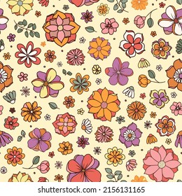 Psychedelic flower power seamless repeat pattern. Random placed, hand drawn, vector retro floral all over surface print.