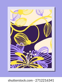 Cartaz de flores psicodélicas. Flores lineares amarelas. Plantas de flor e flor. Padrões abstratos. Elemento gráfico para site. Ilustração de vetor plano isolada no plano de fundo violeta
