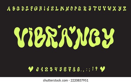 Psychedelic flux typeface abc. Hippie groovy Y2K font alphabet. Liquid bubble alphabet.