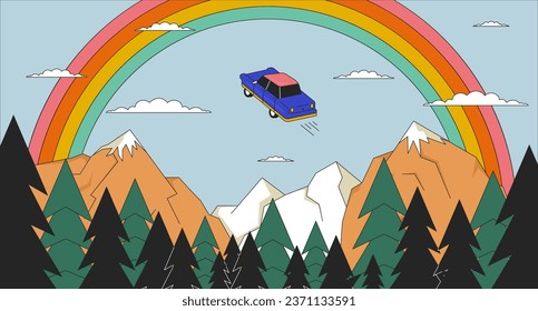 Carro volador psicodélico en el concepto de ilustración lineal 2D del cielo arco iris. Fondo de escena de la caricatura de la magia de los bosques de las montañas. Gráfica de la metáfora de la metáfora del vector plano abstracto sobre el abeto de los abetos