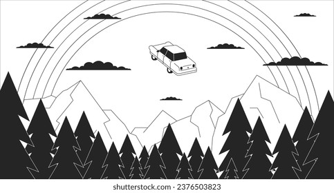 Psychedelic flying car in rainbow sky black and white 2D illustration concept. Mountains forest magic outline cartoon scene background. Levitating car over spruces metaphor monochrome vector art