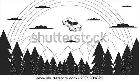 Psychedelic flying car in rainbow sky black and white 2D illustration concept. Mountains forest magic outline cartoon scene background. Levitating car over spruces metaphor monochrome vector art