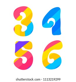Psychedelic font with colorful pattern. Vintage hippie 3 4 5 6 letters on white background