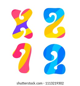 Psychedelic font with colorful pattern. Vintage hippie X Z 1 2 letters on white background