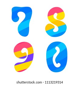 Psychedelic font with colorful pattern. Vintage hippie 7 8 9 0 letters on white background