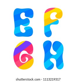 Psychedelic font with colorful pattern. Vintage hippie E F G H latin letters on white background