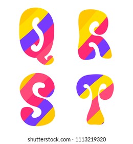 Psychedelic font with colorful pattern. Vintage hippie Q R S T latin letters on white background