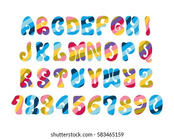 Psychedelic font with colorful pattern. Vintage hippie alphabet isolated on white.