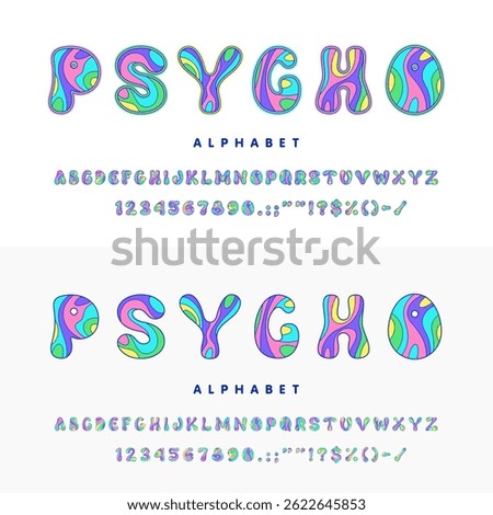 Psychedelic font, groovy hippie typeface, trippy type letters and numbers of english alphabet. Retro funky hippy font vector typography, abc characters set with psychedelic acid colors wavy pattern