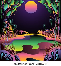 Psychedelic Forest Landscape Vector Illustration
