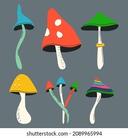 Psychedelic forest mushrooms vector cartoon set isolated on background.