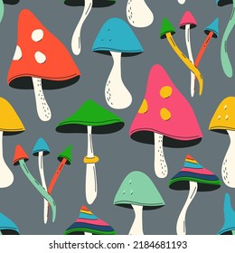 Psychedelic forest mushrooms vector cartoon seamless pattern background for wallpaper, wrapping, packing, and backdrop.