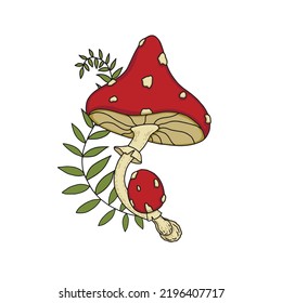 Psychedelic, forest, poisonous, magic mushroom fly agaric. Vintage style print on a white background
