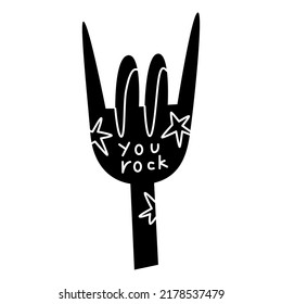Psychedelic Fork With The Inscription You Rock In The Form Of A Hand Gesture.Vintage 80-90s Rock And Roll. Cartoon Rock Star Icon For Music Band, Concert, Party. Punk Doodle. Vector Illustration. 