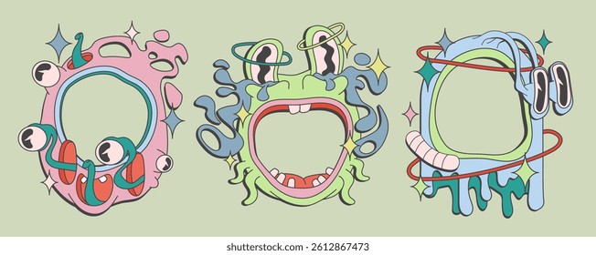 Psychedelic frame elements set - colorful warped shapes with eyes, dripping effect, squiggly outlines in 1970s hippie aesthetic. curvy forms for funky mirror or portal. Trippy surreal doodle design.
