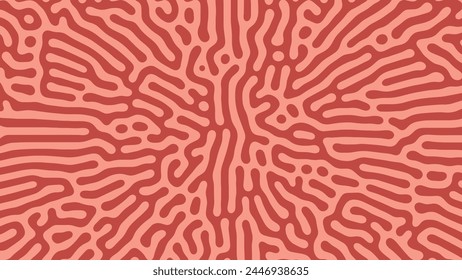 Psychedelic Frantic Radial Pattern Vector Coral Colored Abstract Background. Turing Diffusion Effect Trippy Hypnotic Abstraction Panoramic Wallpaper. Rave Style Bizarre Doodle Structure Textile Print