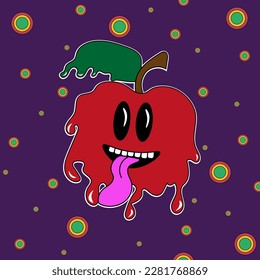 Psychedelic fruits. Modern and funny summer fruit with flowing texture. Crazy apple vector illustration in 90s style.