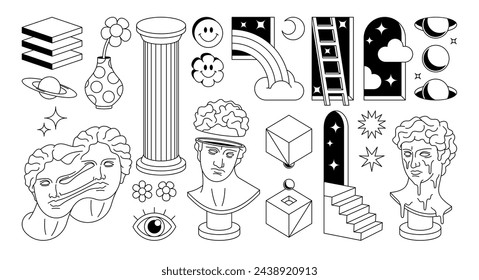 Psychedelic Funny Elements Monochrome Outline Vector Icons Set. Greek Ancient Statues, Emoji, Geometric Figures, Arches