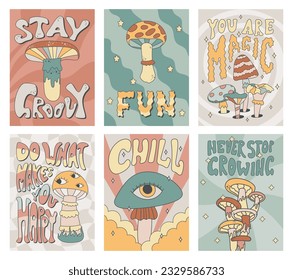 Psychedelic funny poisonous mushrooms, retro lettering. Set of vector groove hippie banners.