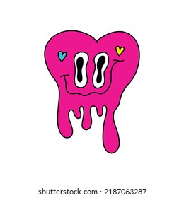 Psychedelic funny surreal heart with a crazy smile in a trendy trippy style. Vector single illustration, abstract vector symbols and signs in acid neon colors