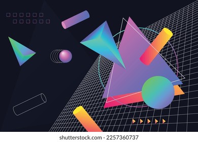 Composición de fondo geométrica psicodélica futurista con gradiente líquido decorativo dinámico y elementos geo de contorno y objetos ilustración vectorial
