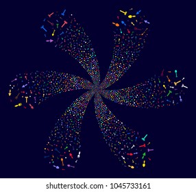 Psychedelic Gardening Tools cyclonic flower with 6 petals on a dark background. Hypnotic twirl combined from scatter gardening tools objects.