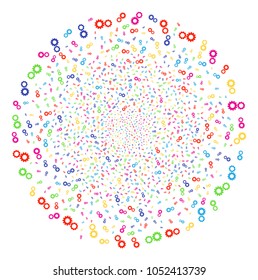 Psychedelic Gears carnival cluster. Vector spheric cluster fireworks organized by randomized gears elements. Psychedelic Vector illustration.