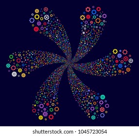 Psychedelic Gears And Cogs curl abstract flower on a dark background. Psychedelic twist done from randomized gears and cogs items.