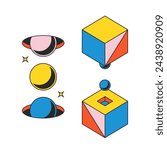 Psychedelic Geometric Elements, Spheres and Cubes in Vivid Colors. Surreal Shapes in Y2K Style of Altered Perceptions