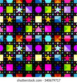 psychedelic geometric objects on a black background seamless pattern vector illustration