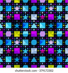 psychedelic geometric objects on a black background seamless pattern vector illustration