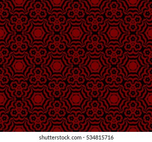 psychedelic geometric pattern. Optical illusion floral Seamless vector illustration. Red, black.