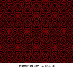 psychedelic geometric pattern. Optical illusion floral Seamless vector illustration. Red, black.