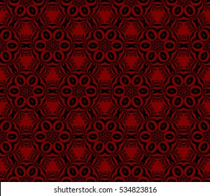 psychedelic geometric pattern. Optical illusion floral Seamless vector illustration. Red, black.