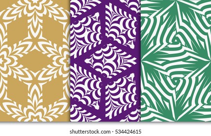 psychedelic geometric pattern set. Optical illusion Seamless vector illustration. green, purple, brown. For wallpaper, invitation.
