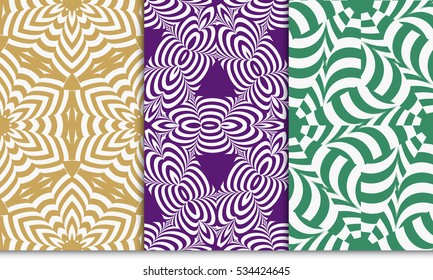 psychedelic geometric pattern set. Optical illusion Seamless vector illustration. green, purple, brown. For wallpaper, invitation.