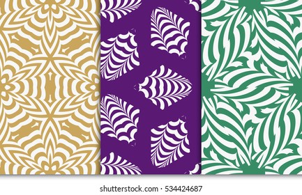 psychedelic geometric pattern set. Optical illusion Seamless vector illustration. green, purple, brown. For wallpaper, invitation.