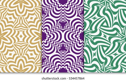 psychedelic geometric pattern set. Optical illusion Seamless vector illustration. green, purple, brown. For wallpaper, invitation.