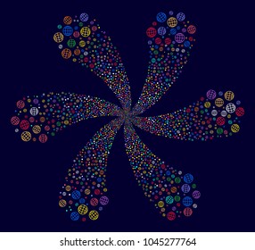 Psychedelic Globe explosion flower shape on a dark background. Psychedelic flower created from scattered globe items.