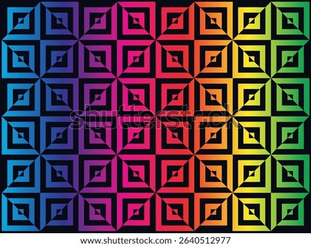 psychedelic gradient rainbow zentangle geometric pattern with vivid bright colorful triangles and squares isolated on black background	