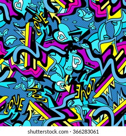 psychedelic graffiti lines and heart on a white background seamless pattern vector illustration