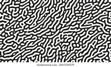 Psychedelic Graphic Crazy Liquid Pattern Vector Black White Abstract Background. Turing Diffusion Effect Trippy Hypnotic Abstraction Panoramic Wallpaper. Bizarre Doodle Structure Art Illustration