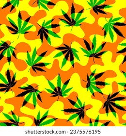 Vector gráfico psicodélico. Diseño inspirado en la marihuana. Fondo de reggae con hojas de cannabis. Patrón sin mar de cannabis.