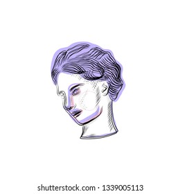 Psychedelic greek sculpture of woman in abstract style. Glitch effect. Esoteric surreal art. Design for sticker, t-shirt, print, contemporary conceptual wall art. 