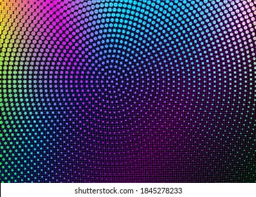 psychedelic grid and circular colorful dotted halftones bright abstract retro futuristic background, distorted holographic pearly neon mesh. Vaporwave, synthwave, cyberpunk vector illustration