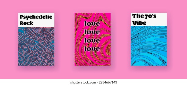 Psychedelic groovy the 70s style posters with trippy colorful pattern.