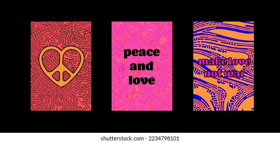 Psychedelic groovy the 70s style posters with trippy colorful pattern.