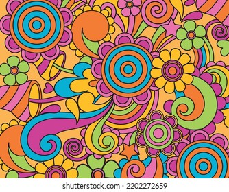 Psychedelic Groovy Background. Eyes, Flowers, Pastel Colors, Lips, Flowers, Natural Elements. Colorful Psychedelic Optical Illusion. Trippy Distorted Image With Light Diffraction Effect In The Psyched