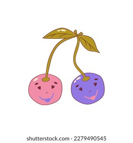 Psychedelic groovy cherry with face isolated. Cute cartoon cherry with eye groovy retro style. Vector illustration