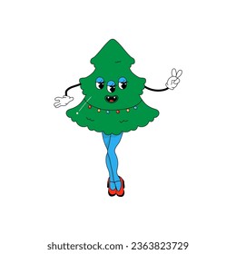 Psychedelic groovy Christmas tree, with 80s female legs, character .